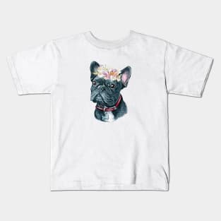 Cute Black French Bulldog with Flower Wreath Art Kids T-Shirt